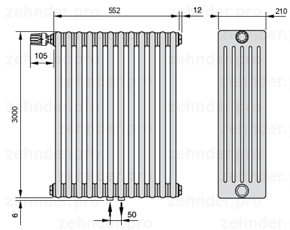 Схема (чертеж) Радиатор Zehnder Charleston 6300/12 №V007 Белый глянцевый RAL 9016